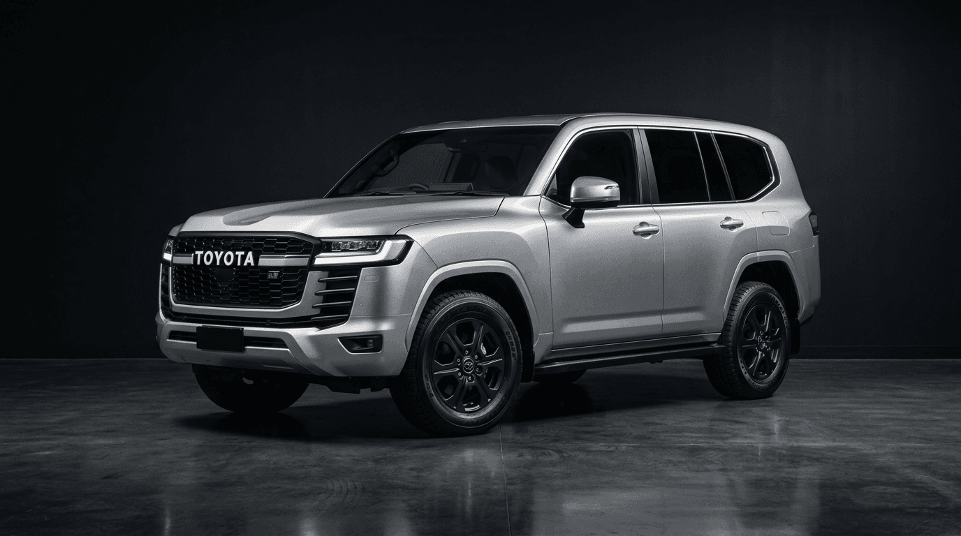 Toyota Land Cruiser 300 2022 года в серебристом цвете, вид три четверти