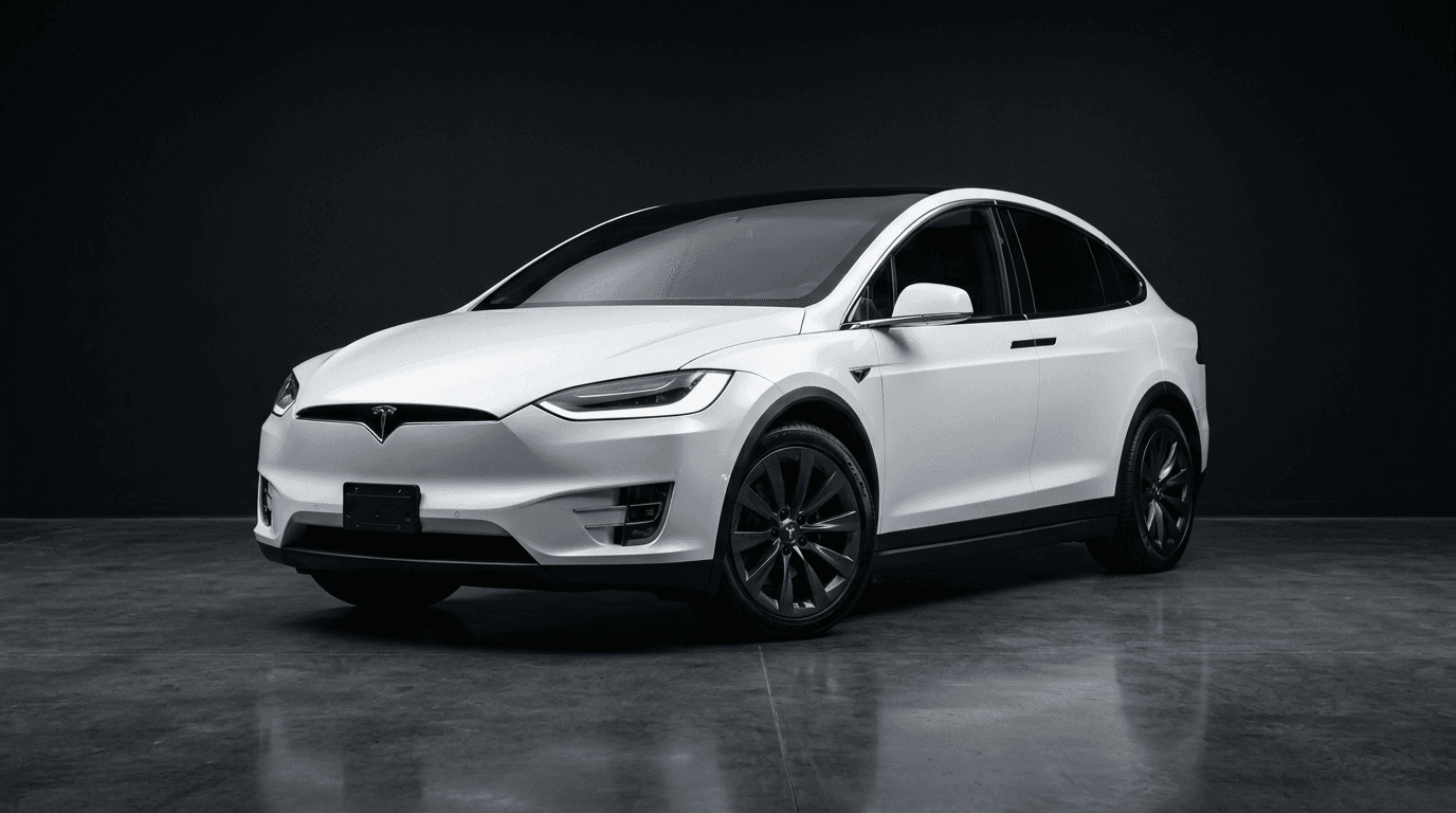 Tesla Model X 2021 года в перламутровом белом цвете, вид три четверти