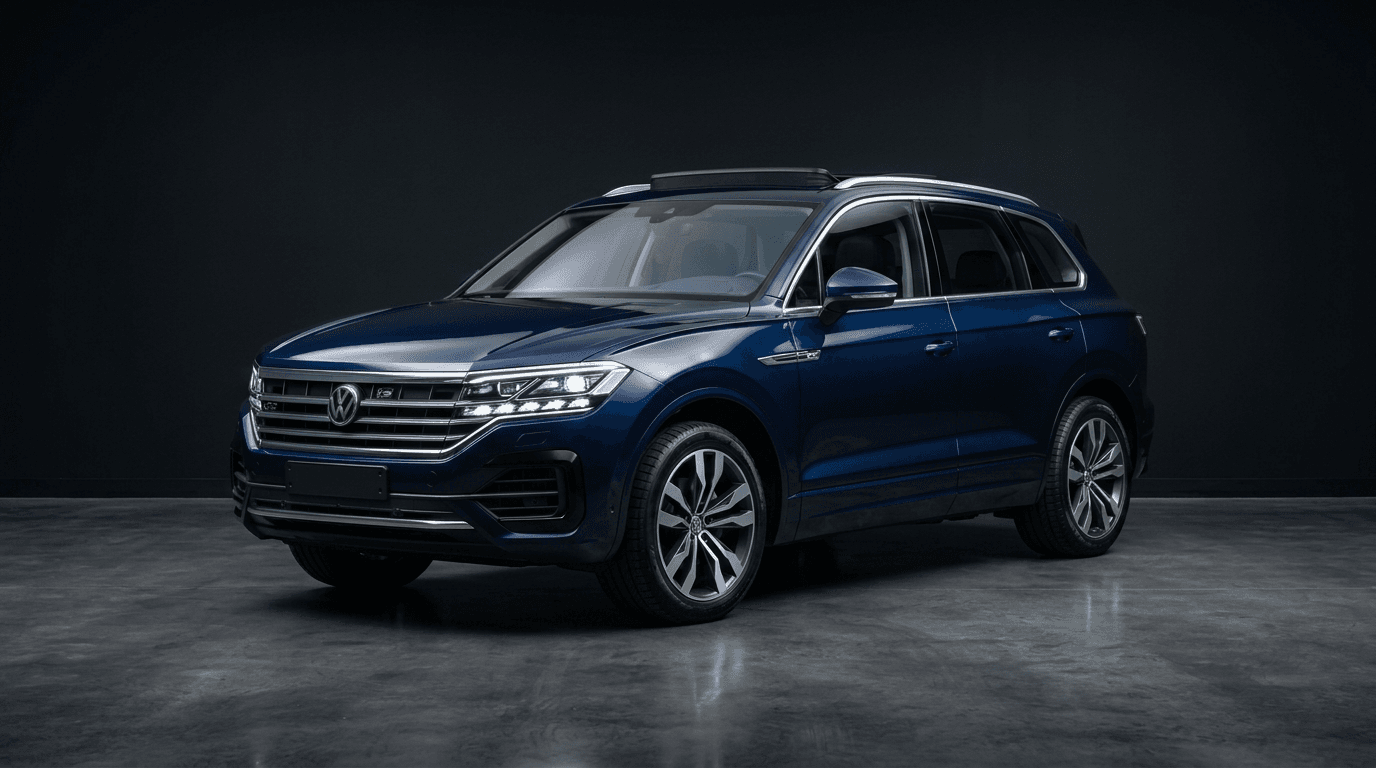 Volkswagen Touareg 2019 года в тёмно-синем цвете, вид три четверти